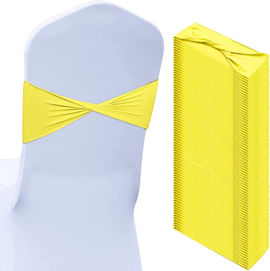Kinlop 50 Pcs Spandex Chair Sashes Bows Chair Bands Slider Sashes for Covers Elastic Bands Ties Without Buckle Decorations for Wedding Party Events Ceremony Birthday(Yellow)