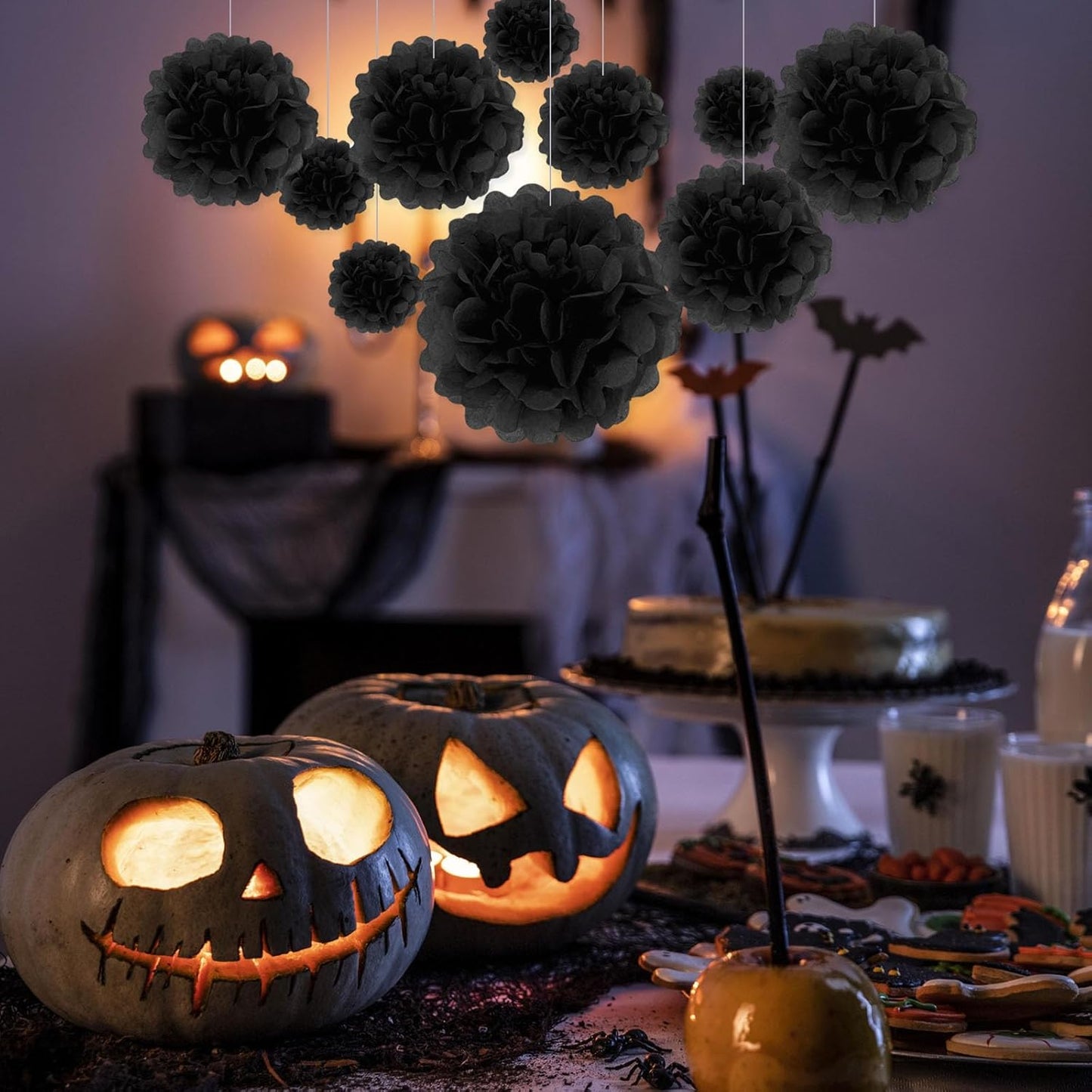 Tissue Paper Pom Poms, Black Tissue Paper Flowers, Hanging Flower Balls for Weddings Fiesta Parties Birthday Baby Showers Classroom Bridal Shower Decoration (20Piece Set-6/10/12/14Inch)