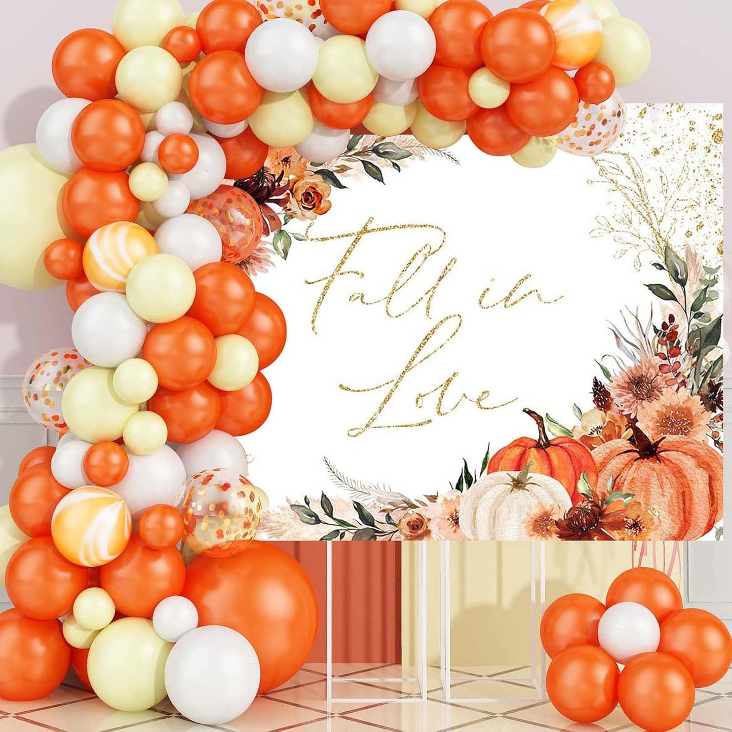 Mocsicka Fall in Love Bridal Shower Backdrop Boho Autumn Leaves Pumpkin Bride Shower Background Terracotta Flower Pampas Grass Wedding Party Banner Decoration (White, 10x8ft(120''x96''))