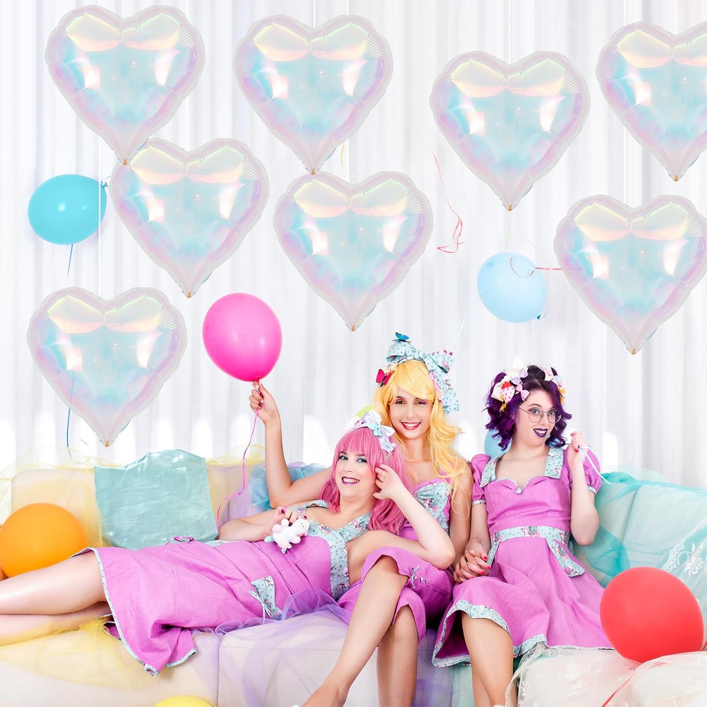 Iridescent Heart Balloons, 18 Inch Iridescent Holographic Heart Shape Balloon, 9PCS Clear Heart Balloon for Birthday Baby Shower Mermaid Rainbow Wedding Party Decorations