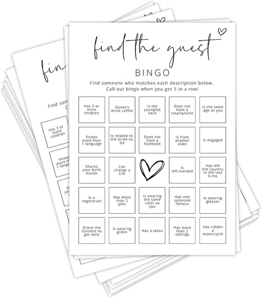 Bridal Shower Games, Find The Guest Bingo, 25Pcs Minimalist White Double-Sided Bridal Game Cards, Wedding Shower Games for Guests, Engagement Bachelorette Party Supplies - A16
