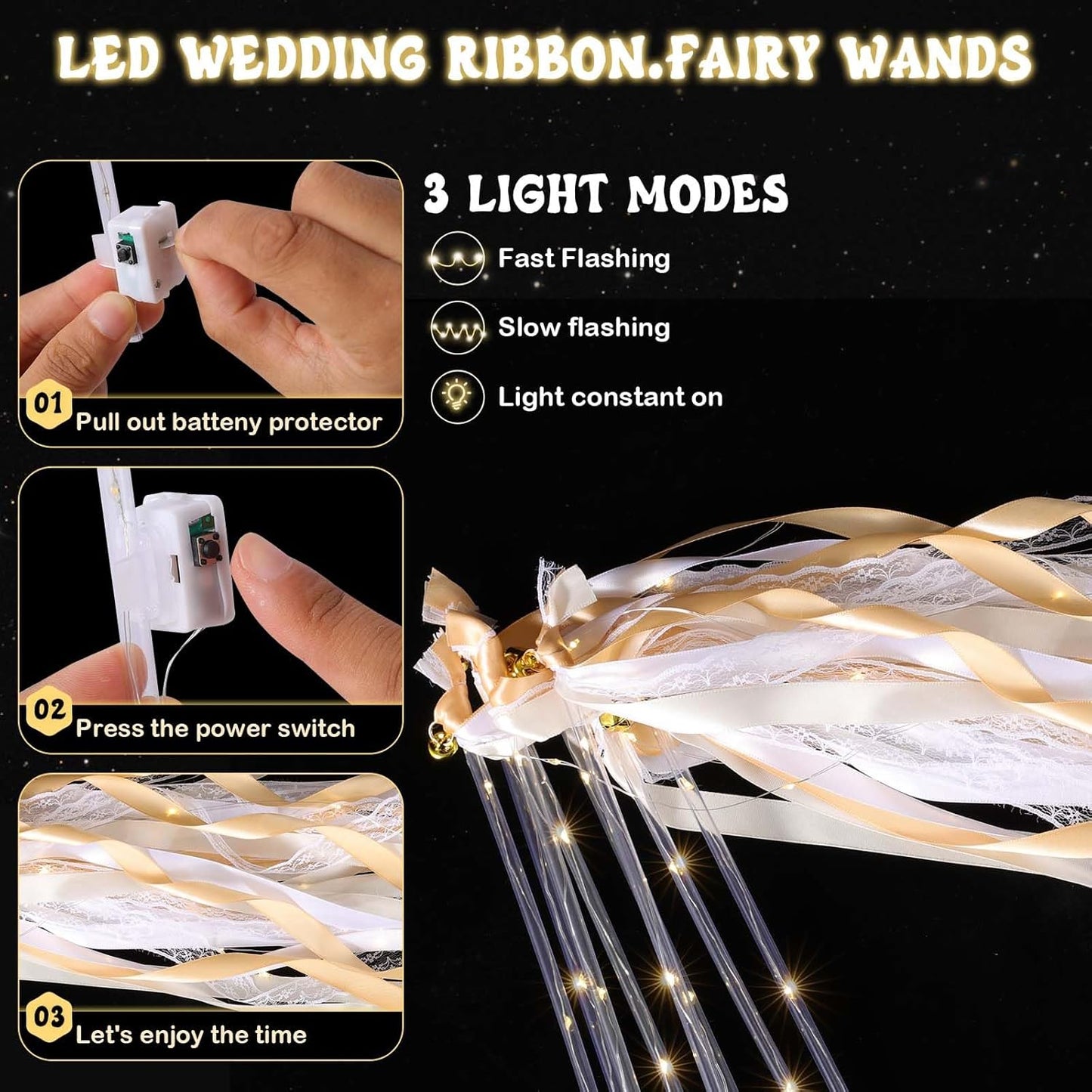 100 Pcs Wedding Wands Ribbon Streamers with 3 Colorful Flashing Modes, Light up LED Silk Fairy Wands, Glow Lace Stick with Bells for Wedding Reception, Graduation, New Year, Birthday Party (Champagne)