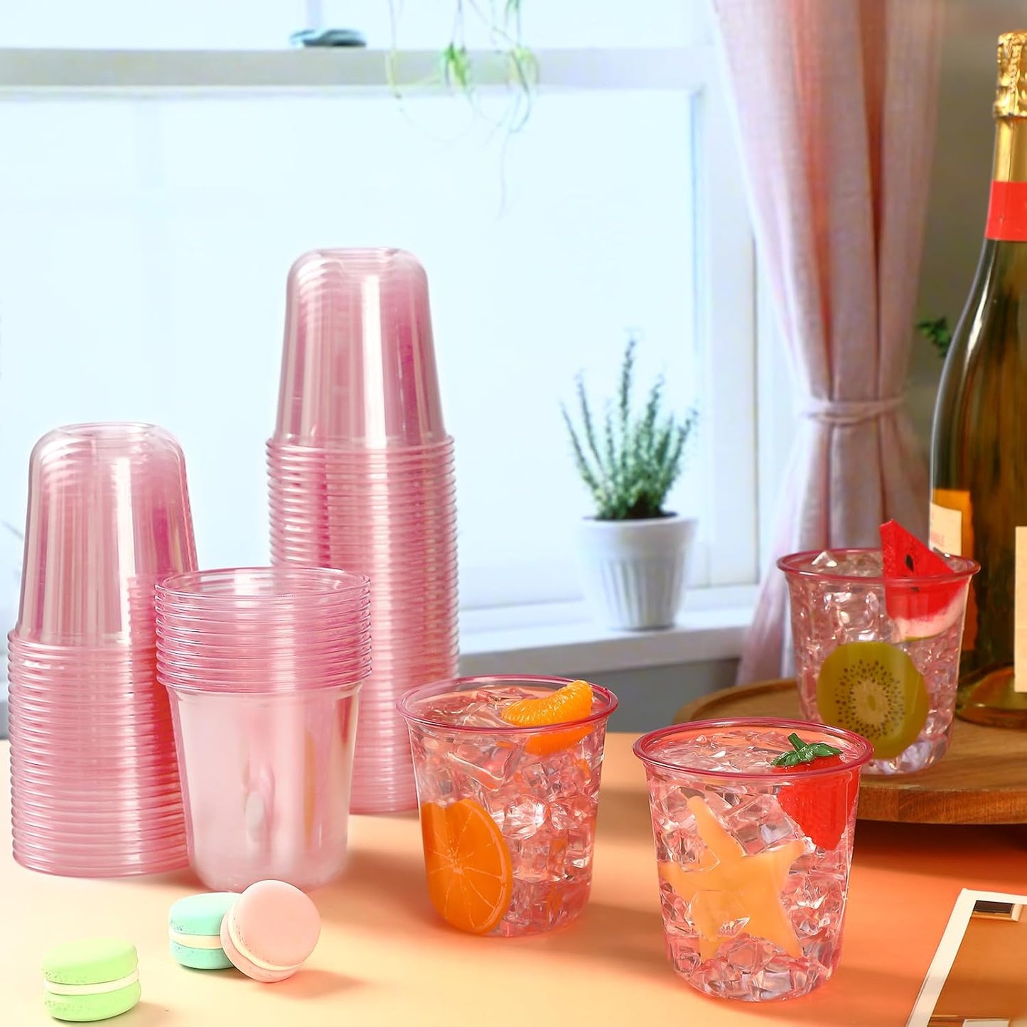 100 Pcs Disposable Stemless Glasses 12oz Crystal Plastic Wine Glasses Clear Classic Pet Cup for Meeting Weddings Birthdays Cocktail Christmas Party Supplies (Pink)