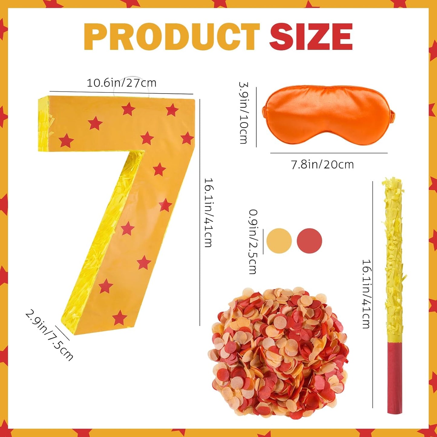 Orange and Red Star Number 7 Pinata, 16 Inch Piñata for 7th Birthday Party Decorations with Stick, Blindfold and Confetti (15.7 inch Number 7 Pinata)