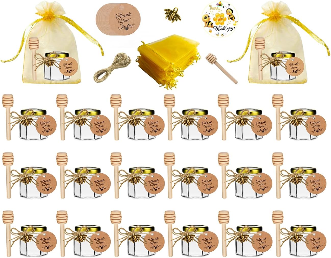 IIKUM 20 Pack Glass Honey Jars, 1.5 oz Hexagon Honey Pots with Lids, Wooden Dippers, Bee Pendants, Gift Bags, Thank You Cards, Jutes and Stickers-Ideal Gift for Baby Shower, Wedding and Party Favors