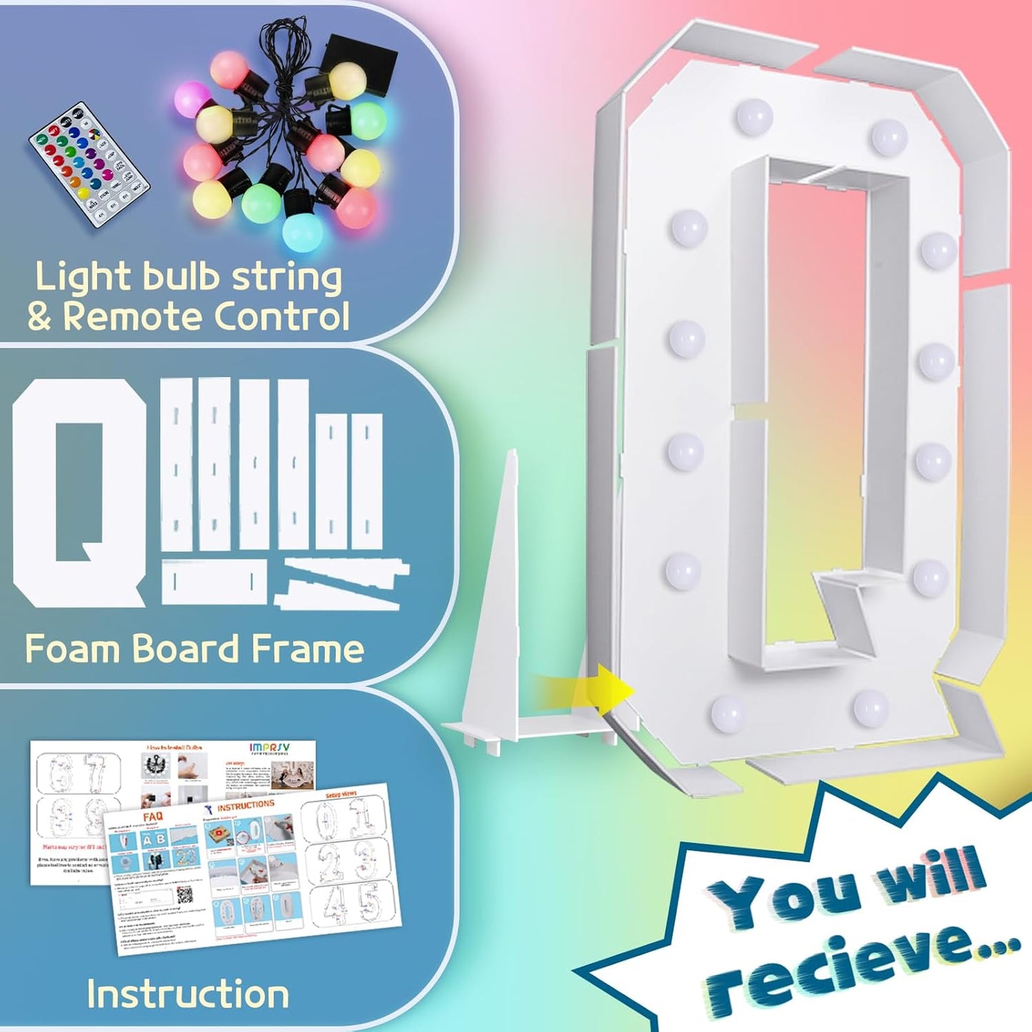 imprsv 4FT Colorful Marquee Light Up Letters Q, 18 Colors Large Light up Letters Alphabet Sign with Remote, Large Marry Me Sign, Birthday Party Decorations Baby Shower Anniversary Wedding Decoration