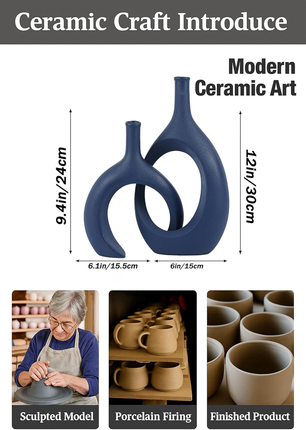 Blue Ceramic Vase Set of 2 - Modern Navy Blue Vase for Dining Table Centerpieces, Farmhouse and Home Decor, Office Partitions, Mantelpiece, Entrance Decoration