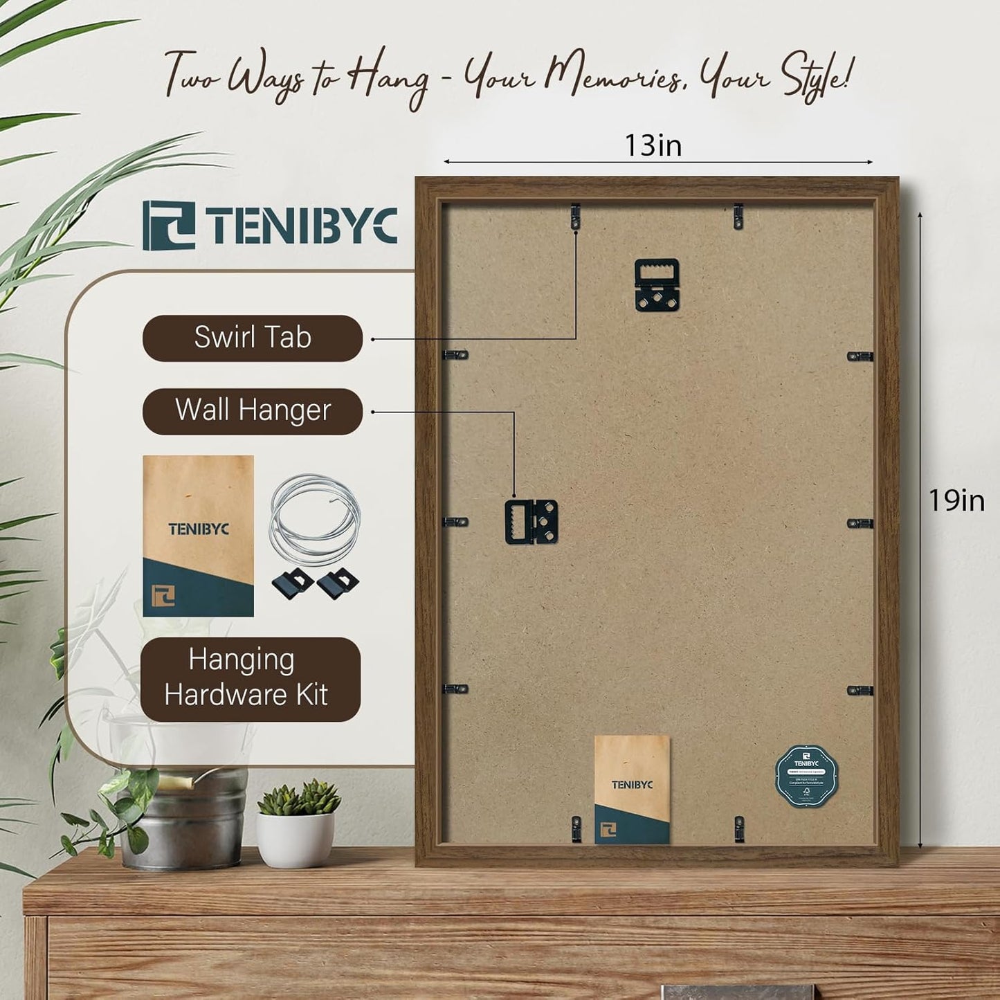 13x19 Picture Frame 3 Pack - Brown Woodgrain, Wood Photo Frame, HD Tempered Glass, Wall Gallery Poster Frame