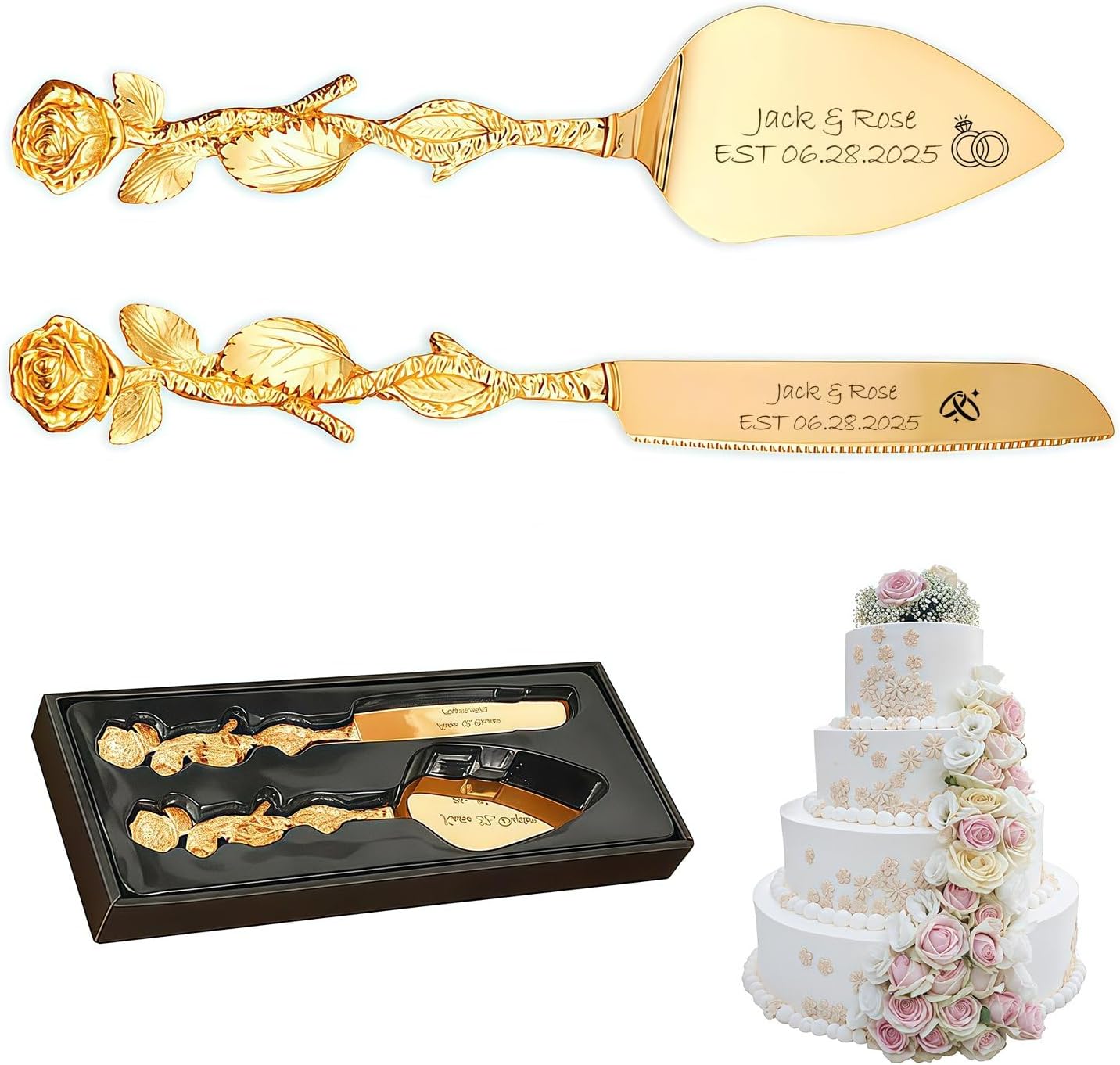 Personalized Wedding Cake Knife and Server Set, Custom Name/Date Cake Cutting Set for Wedding, Customized Cake Cutter for Bridal Anniversary Birthday Couple Gifts (Rose-Gold)