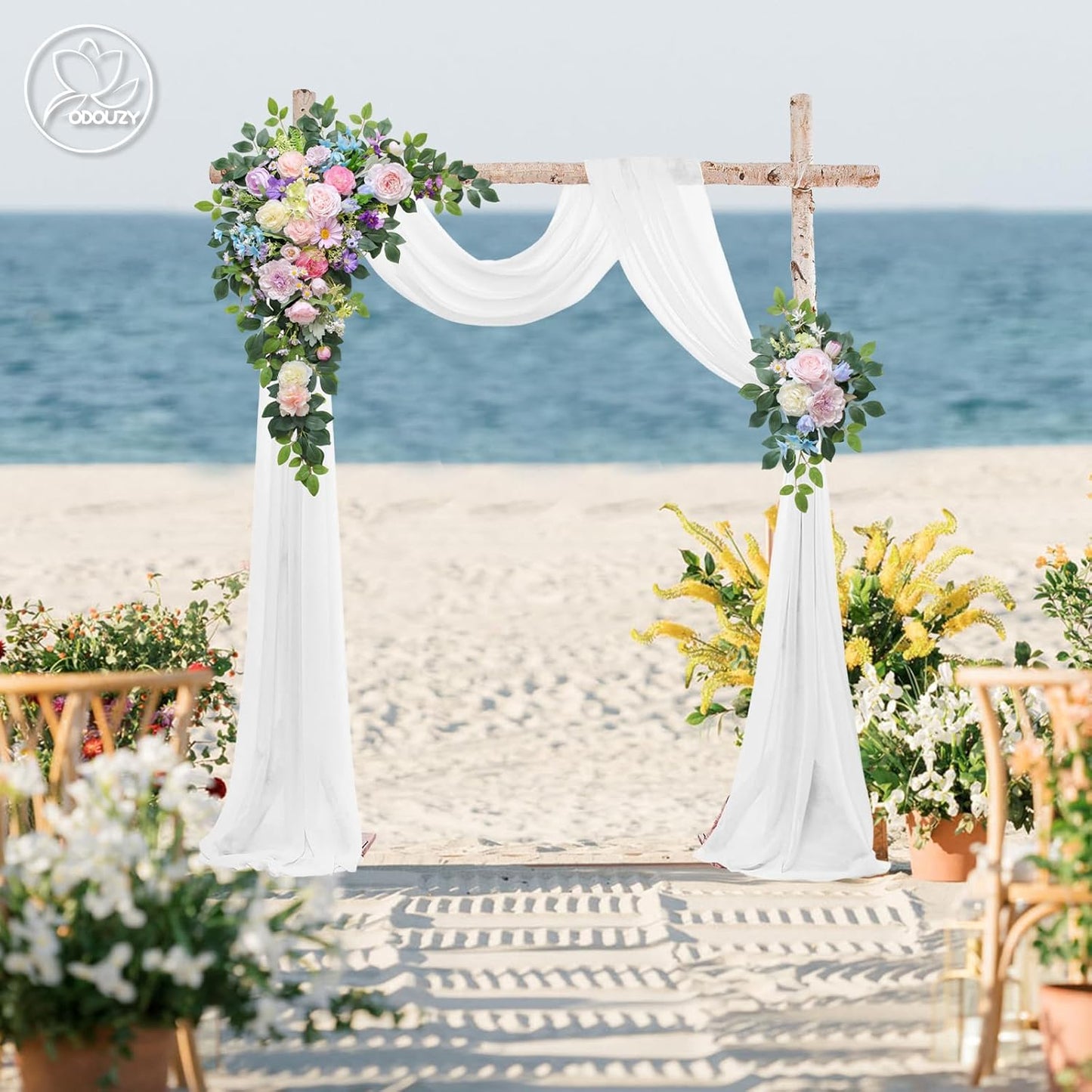 Wedding Arch Flowers Kit,Artificial Flower Arch Decor (Set of 3),2pcs Artificial Flower Arrangement with 1pc Sheer Drape for Wedding Decor Reception Backdrop Floral Decorations (Bluish Pink)