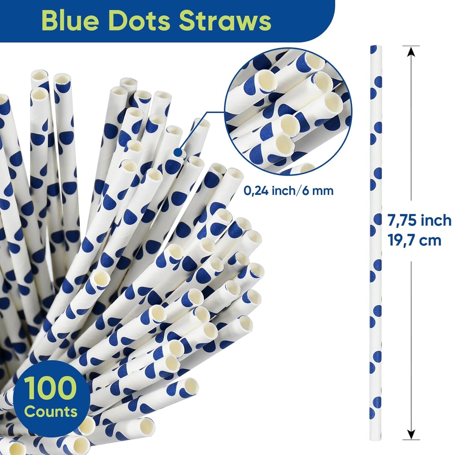 100 Counts Blue Polka Dots Paper Disposable Drinking Straws 7.75 inch, 0.24" Dia. - for Cocktail, Juice, Bar, Restaurant