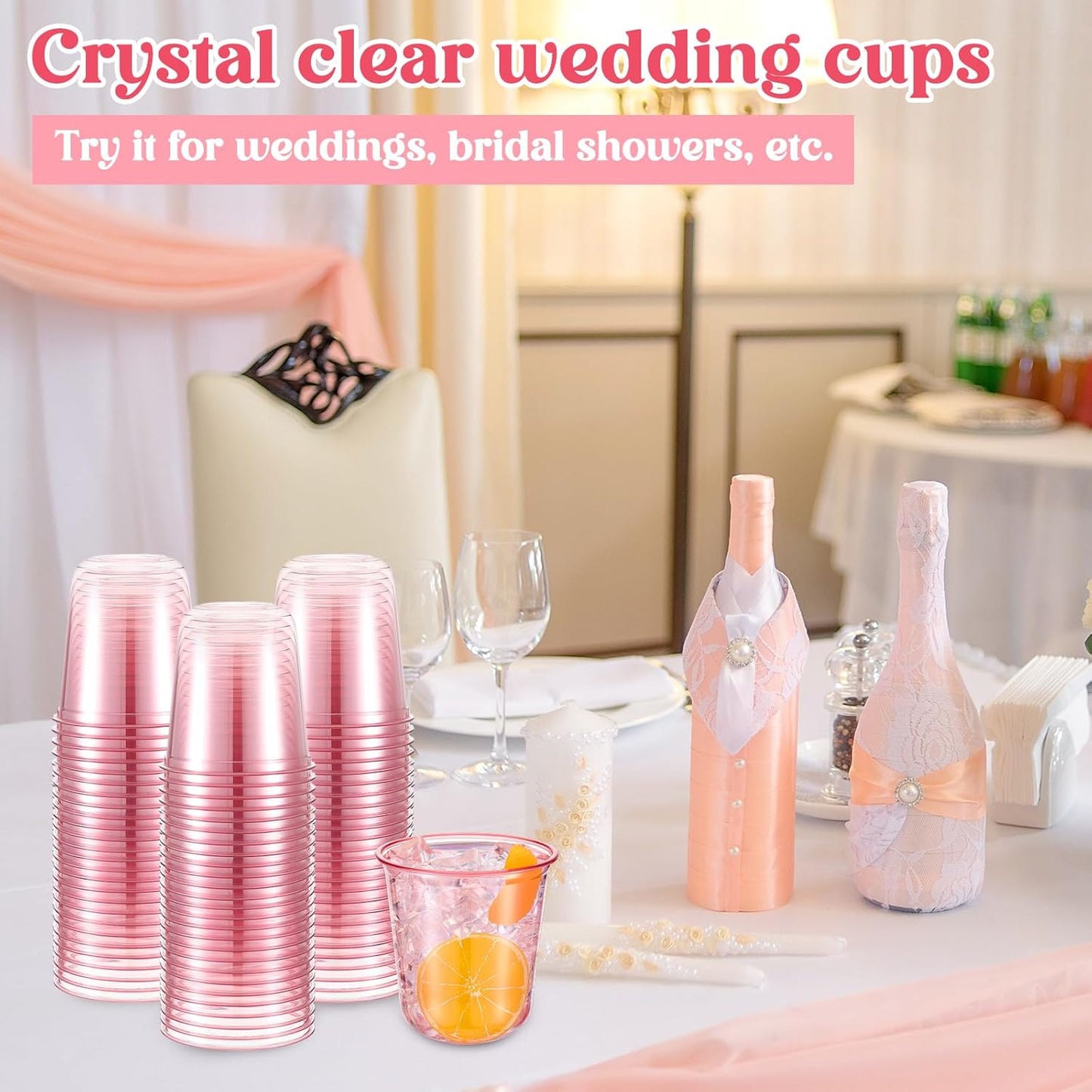 200 Pcs Disposable Stemless Glasses 12oz Crystal Plastic Wine Glasses Clear Classic Pet Cup for Meeting Weddings Birthdays Cocktail Christmas Party Supplies (Pink)