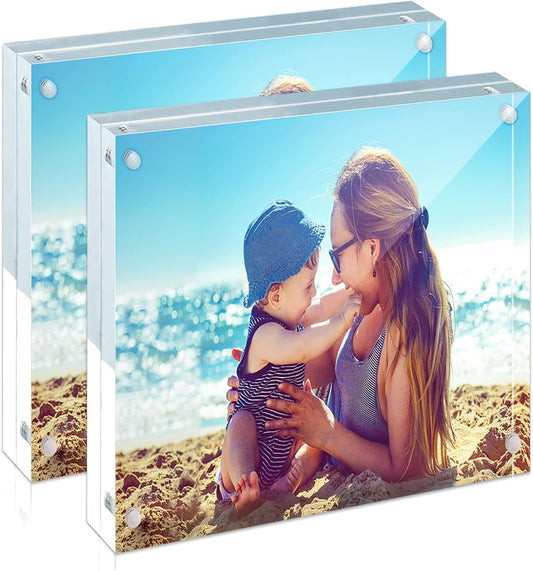 HELPLEX Acrylic Frames, 2 Pack 4x4, 20mm Thicker Frameless Clear Frame, Double Sided Magnetic, Free Standing Desktop Display