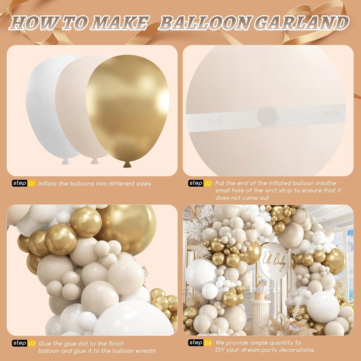 412pcs Sand White Gold Balloon Arch Kit, 18 12 10 5 Inch Different Size White Metallic Gold Latex Balloon for Boho Neutral Baby Shower Wedding Bridal Shower Birthday Decorations