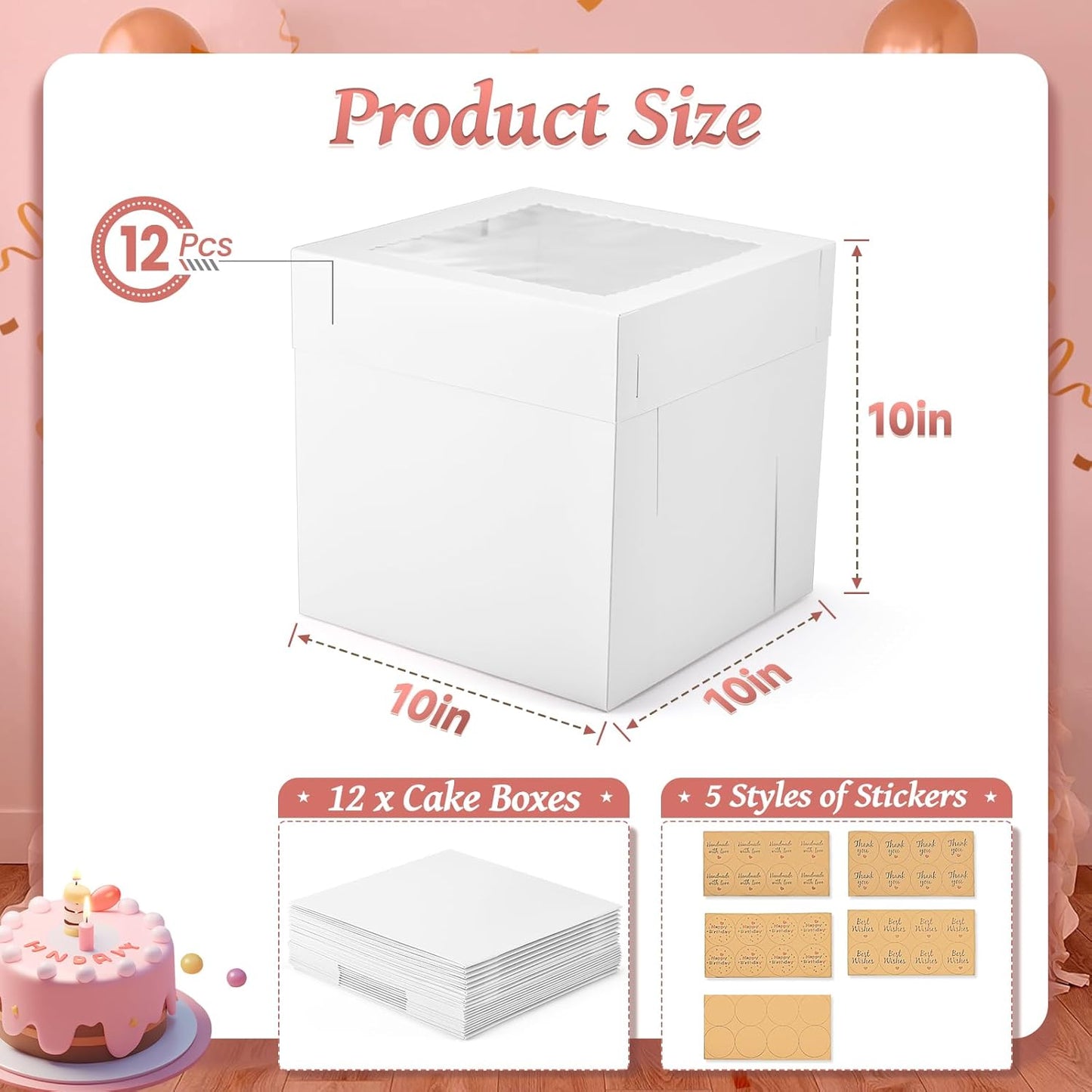 12Pcs Cake Boxes, 10x10x10 Inches Tall Cake Boxes with Window, White Disposable Tier Cake Containers for Pastries, Pie, Cookies, Chocolates, Cupcakes, Birthday Party, Wedding Bakery Boxes