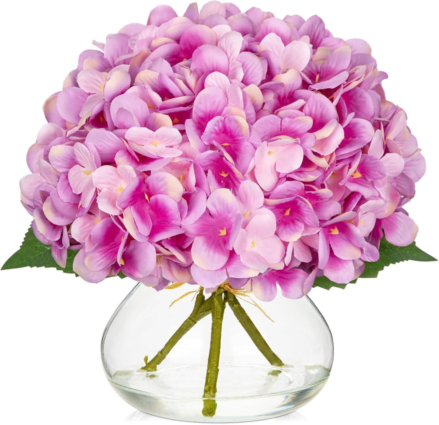 Hollyone Hydrangea Artificial Flowers with Glass Vase Purplish Pink Silk Faux Flowers Arrangements in Vase with Faux Water Fake Floral Bulk Bouquet for Home Decor Table Centerpiece Decorations