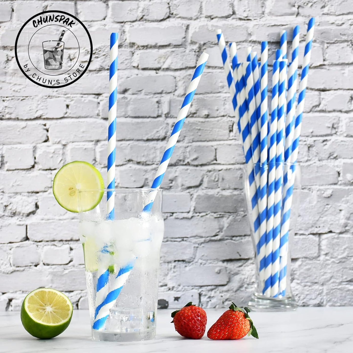 12 Inch Disposable Paper Drinking Straws Large and Tall, 8mm Wide - for Long Drinks, Smoothies, Milkshakes - Blue, 100 Counts - Eco-friendly