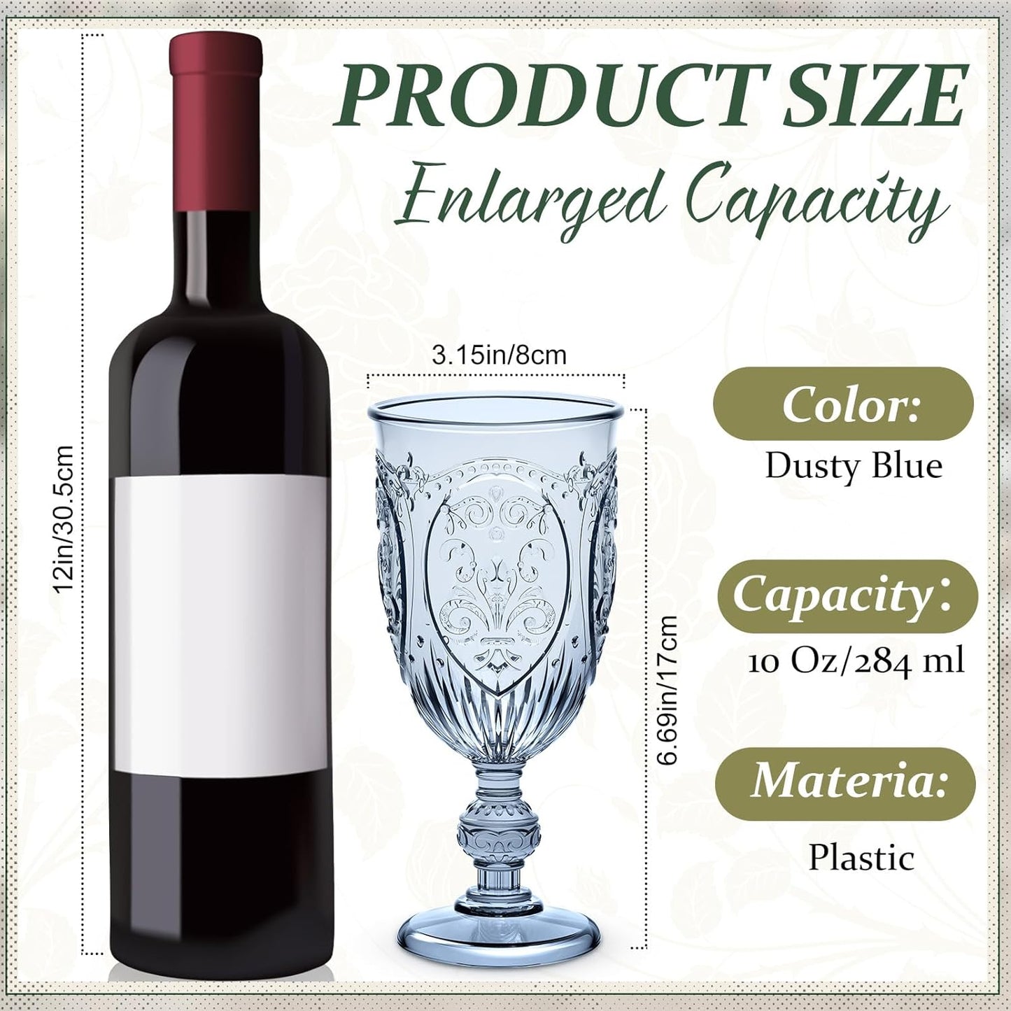 60 Pack Plastic Goblets 10oz Upgrade Vintage Water Goblet Plastic Wine Glasses Colored Retro Embossed Glassware for Party Wine Bar Juice Baby Shower Wedding Reception Grand (Blue)