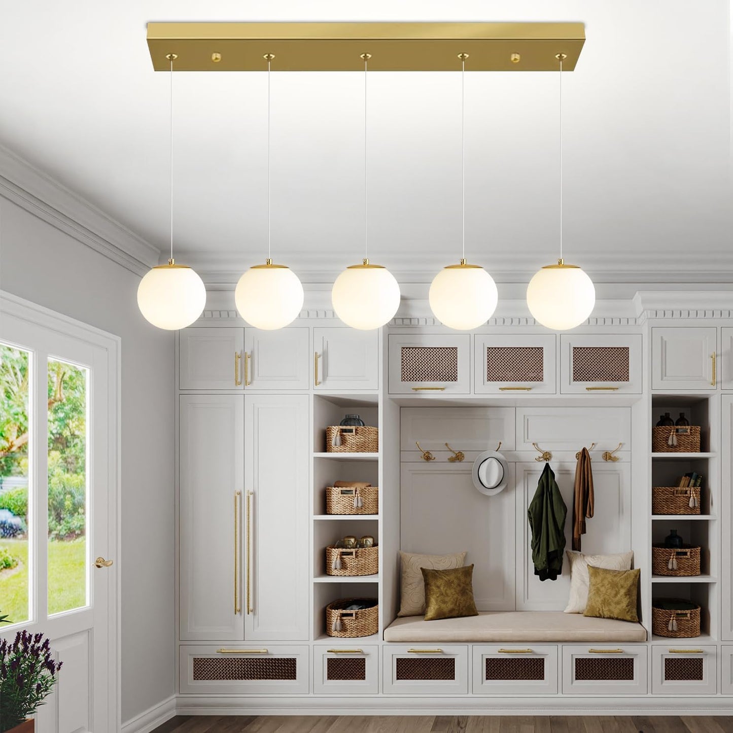 5-Lights Globe Pendant Light for Kitchen Island H 98" Gold Rectangle Chandelier Milk White Glass Pendant Lighting for Living Room Bedroom Entryway
