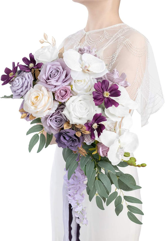 Ling's Moment Purple Bridal Bouquet Cascading, Lilac Wedding Bouquets for Bride, 13 Inch Lavender Bride Artificial Flowers Bouquets