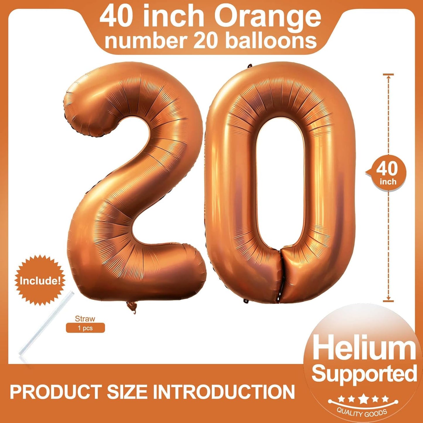 Number 20 Orange Balloons 40 Inch Giant Foil Helium for 20th Birthday Party Supplies Anniversary Events Decorations