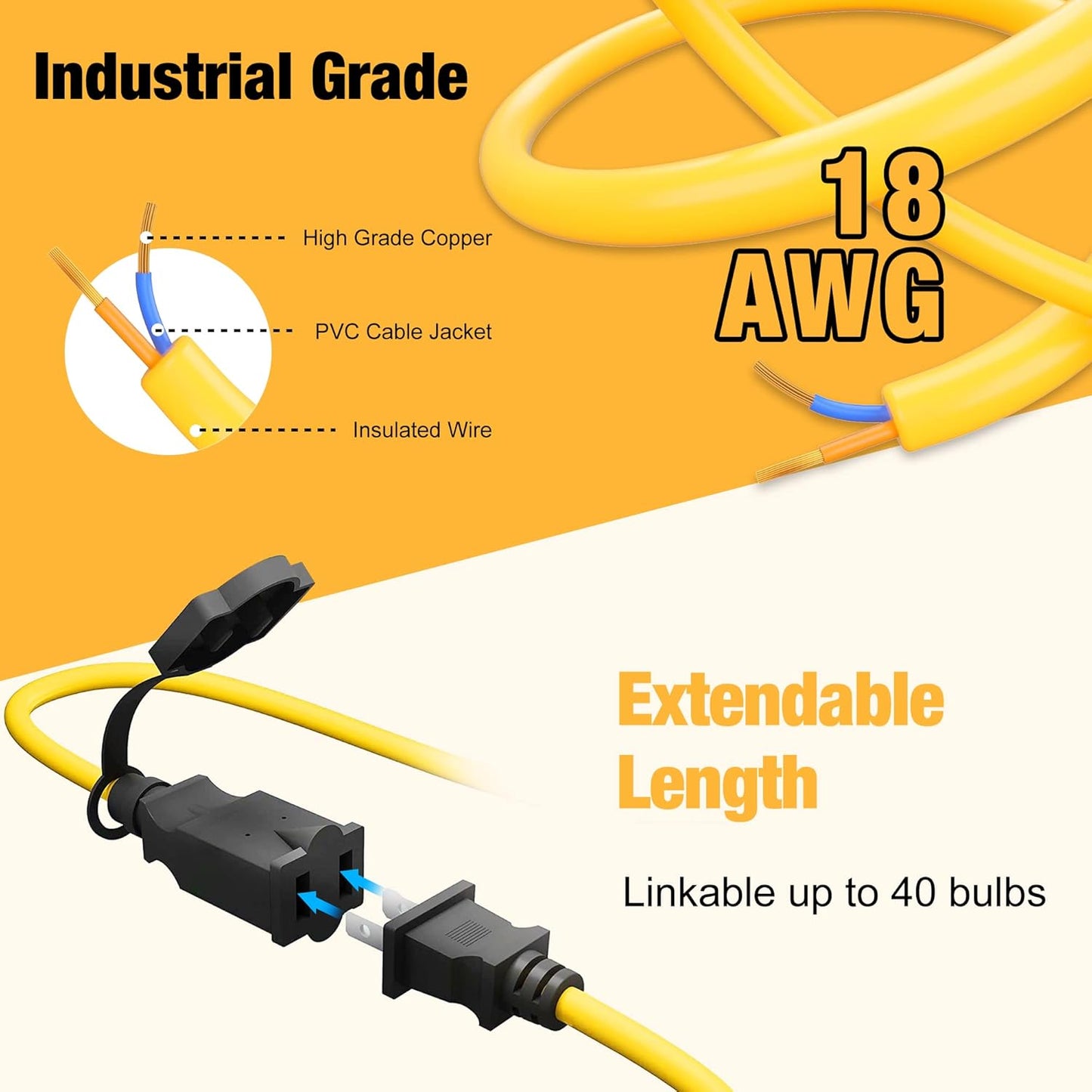 100FT Construction String Lights, IP65 Waterproof ETL Certified LED String Work Lights, 5000K Daylight 18AWG Wire Linkable Temporary Construction Lighting for Jobsite with 10 Bulbs & Hooks