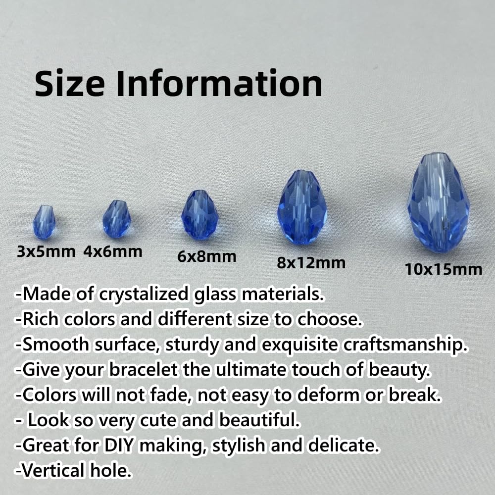 200pcs 3x5mm Teardrop Crystal Glass Beads for Jewelry Making, Faceted Vertical Hole Teardrop Glass Spacer Beads for Wind Chimes Bracelet Earring Necklace DIY Craft(Light Blue)
