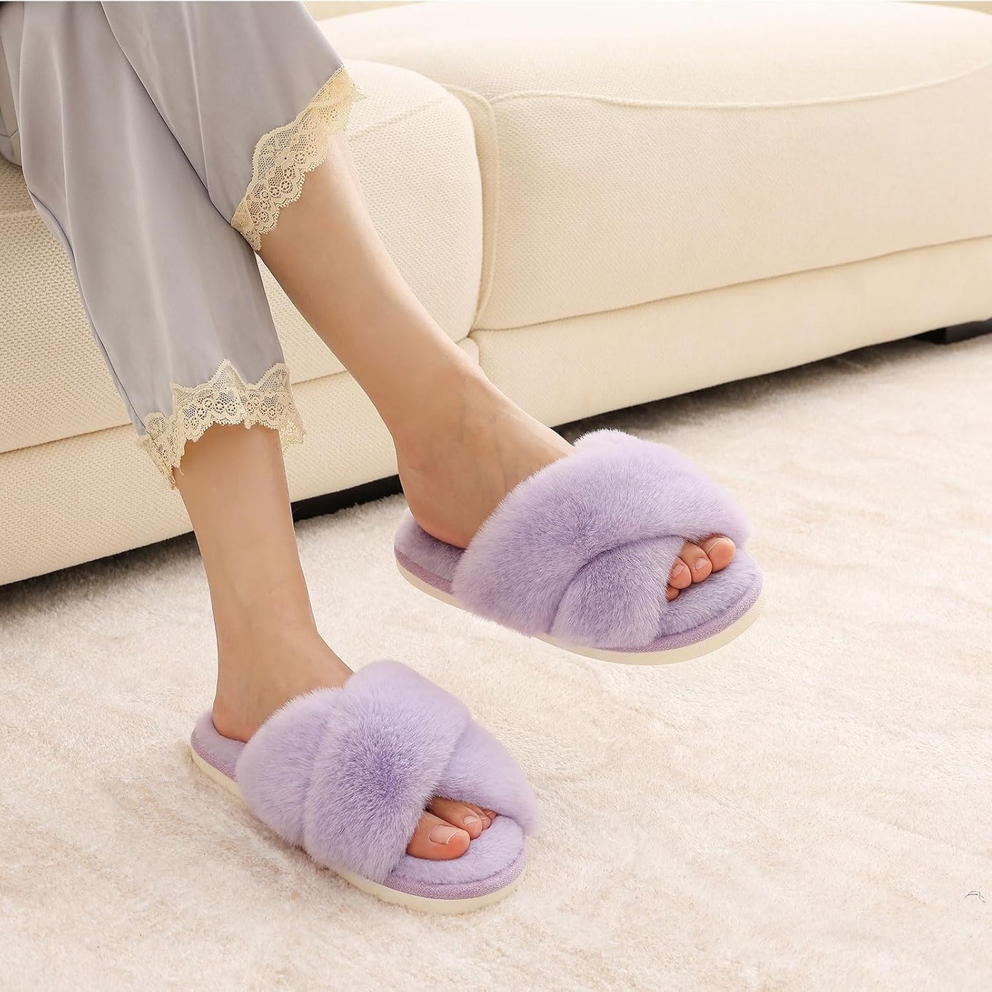 Evshine Women's Fuzzy Slippers Cross Band Memory Foam House Slippers Open Toe