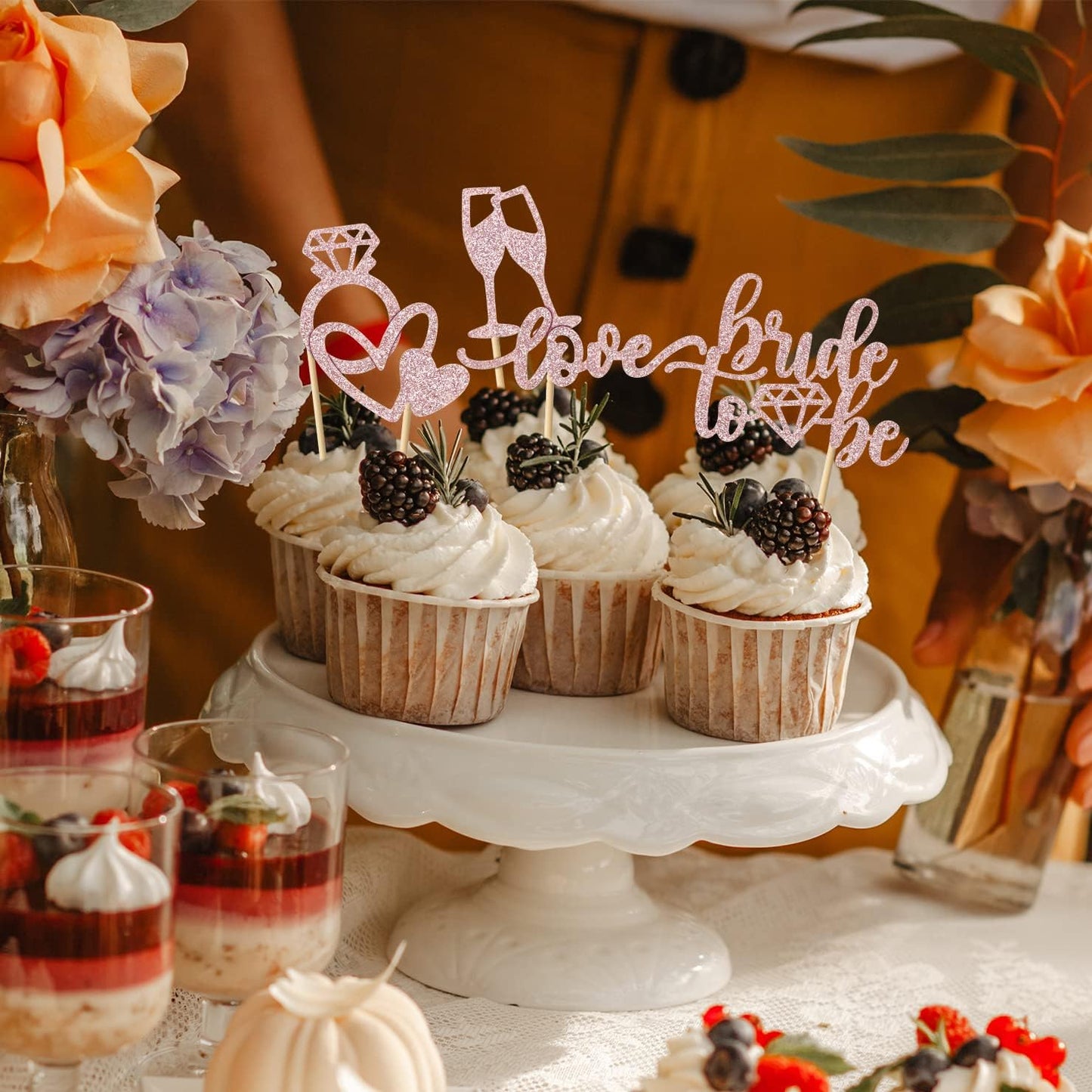 35 PCS Glitter Diamond Ring Bride to be Love Cupcake Topper Champagne Cake Picks Decorations for Bridal Shower Wedding Engagement Party Supplies, Rose Gold