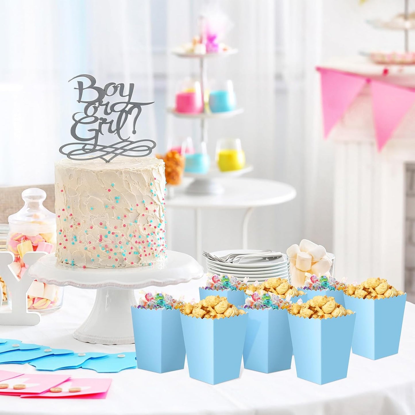 200 Pcs Popcorn Boxes Mini Paper Popcorn Box Cardboard Popcorn Container for Party Disposable Snack Candy Popcorn Bags Popcorn Holder for Birthday Wedding, 2.2 x 4.2 x 3 In (Blue,Simple)