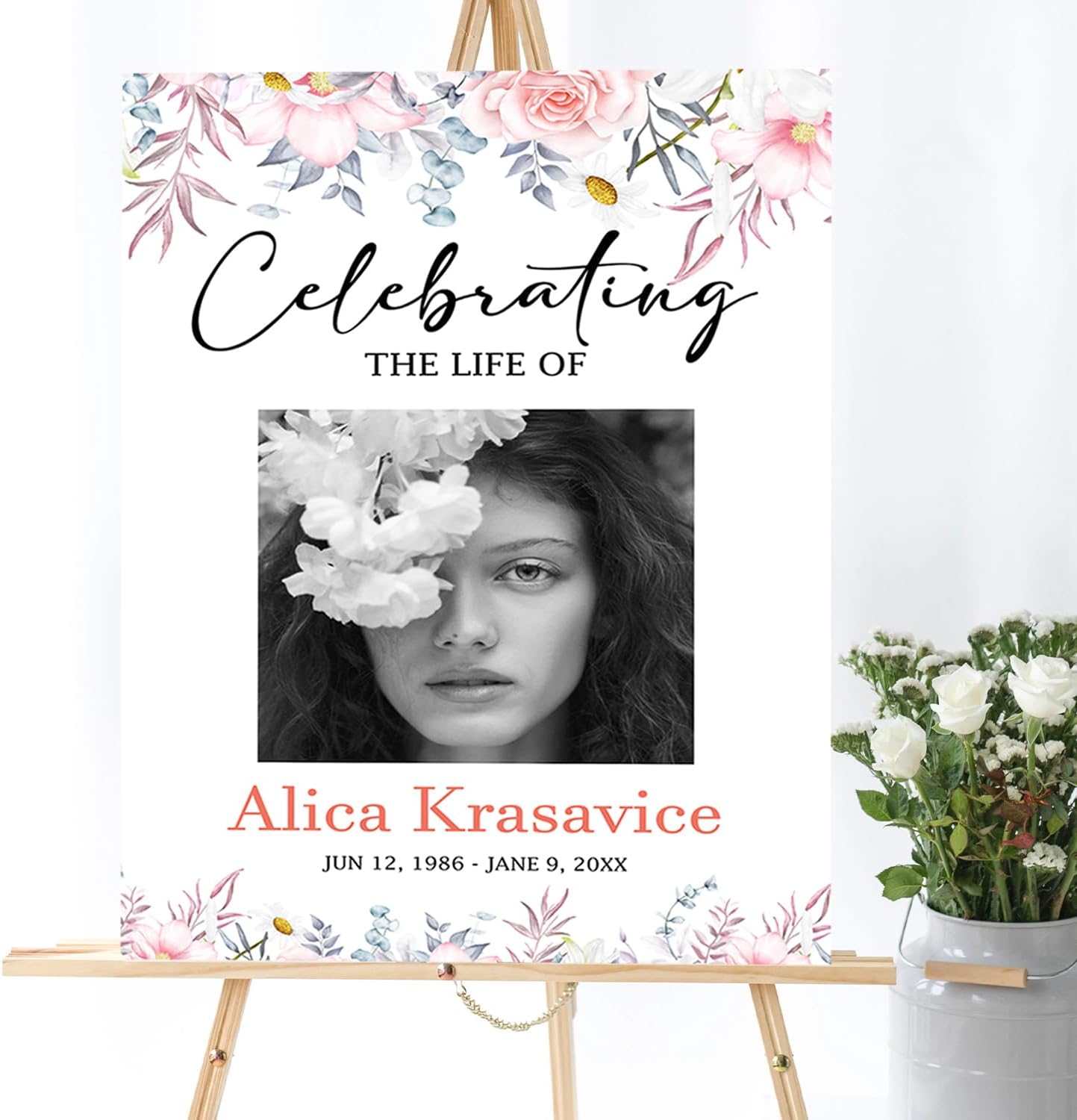 Greenery Funeral Welcome Sign, Celebration of Life Decoration, Large Funeral Sign, Memorial Sign, Funeral Décor, Obituary, Funeral Program, Blush Pink Rose Funeral Welcome Sign, #Version 07
