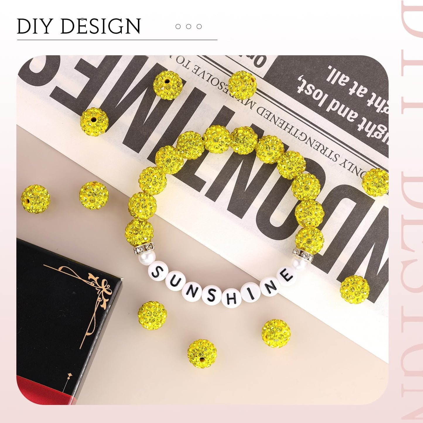 150 pcs 10mm Rhinestone Beads for Jewelry Making, Yellow Shiny Round Shamballa Disco Beads Bulk, Sparkle Crystal Clay Christmas for Bracelet Baseball Necklace Earring Crafting and DIY