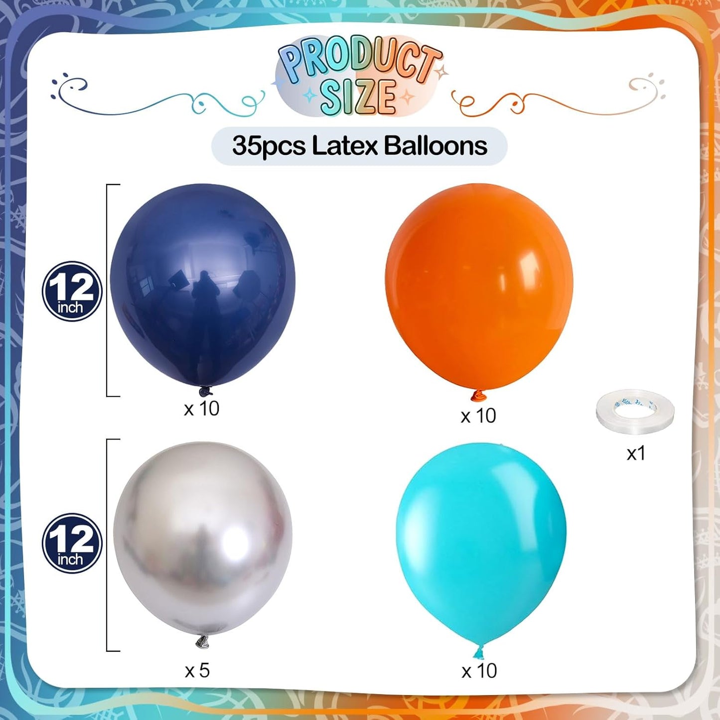 Blue Orange Balloons, 12 Inch Teal Navy Bule Balloons with Metallic Silver Balloon for Kids Boys Girls Birthday Thanksgiving Fall Graduation Basketball Outer Space Astronaut Theme Party Decorations