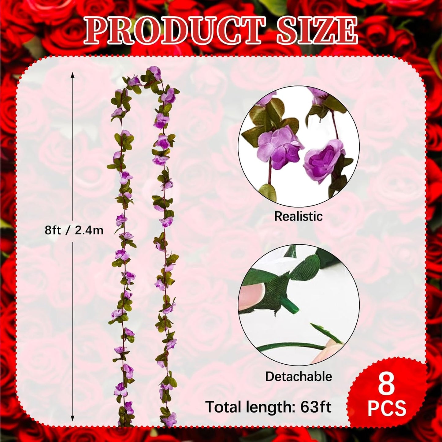 8Pcs 63Ft Light Purple Rose Garland, Fake Rose Hanging Flowers, Artificial Flower Vine, Hanging Floral Vine Garland for Wedding, Birthday Party, Wall Arch, Halloween, Christmas Garden Backdrop Decor