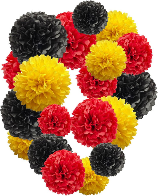 Red and Black and Yellow Paper Pom Poms,10",12" Tissue Pom Poms for Party Hanging Decorations - 12 PCS