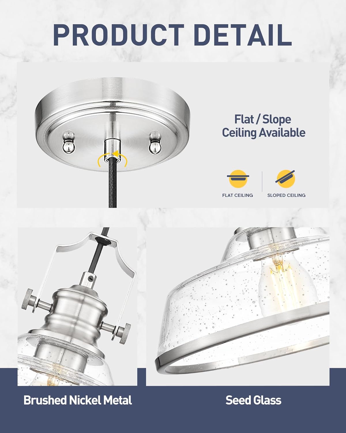 kudos 2 Pack Pendant Lights Kitchen Island, 11" Large Brushed Nickel Kitchen Island Lighting with Seeded Glass, Industrial Hanging Light Fixture for Kitchen Sink Dining Room, KDPL13-BN-S-2PK