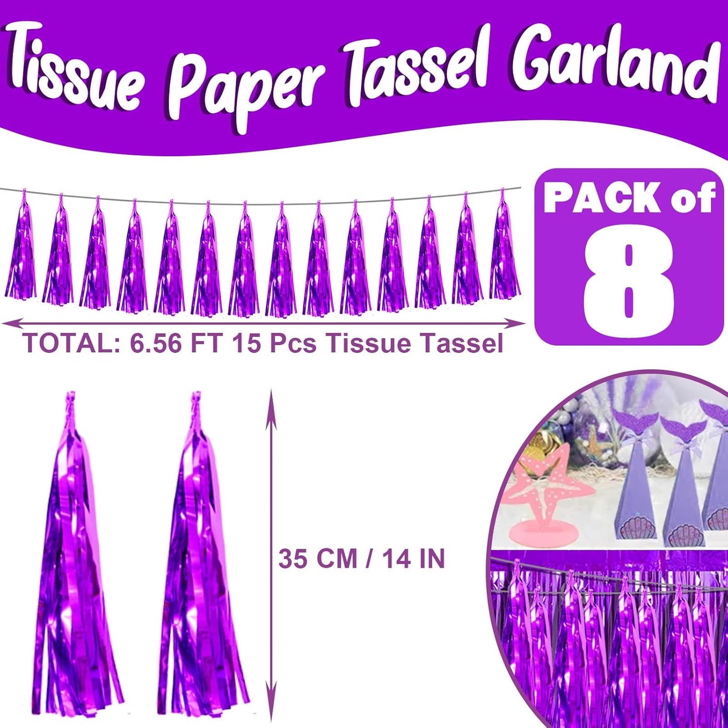 8P Purple Foil Fringe Metallic Tassel Streamers Banner Tassel Garland for Parade Floats, Bachelorette, Wedding, Birthday, Halloween, Christmas, Bridal/Baby Shower Party Decorations