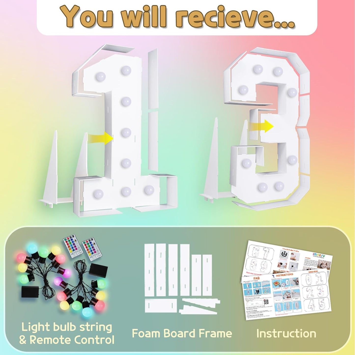 Marquee Numbers Colorful 13th-Birthday Decoration: 4FT Large Light Up 13 Year Old Birthday Decorations Anniversary Backdrop for Boys Girls Cardboard White Sign 18 Colors Number 13 Mosaic Balloon Frame