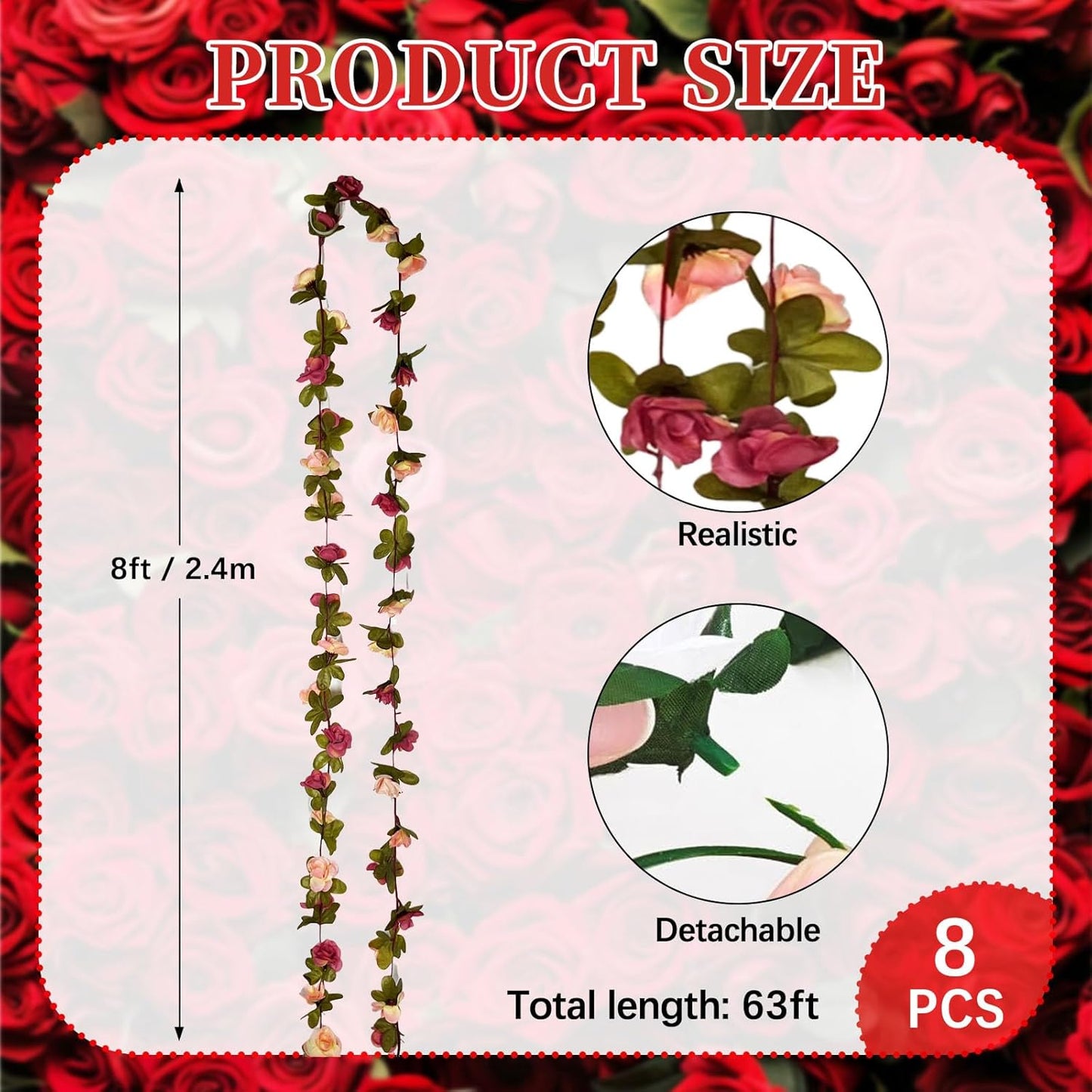 8Pcs 63Ft Dark Pink&Yellow Fake Rose Hanging Flowers, Artificial Flower Vine, Hanging Floral Vine Garland for Wedding, Wall Arch, Halloween, Christmas Garden Backdrop Decor