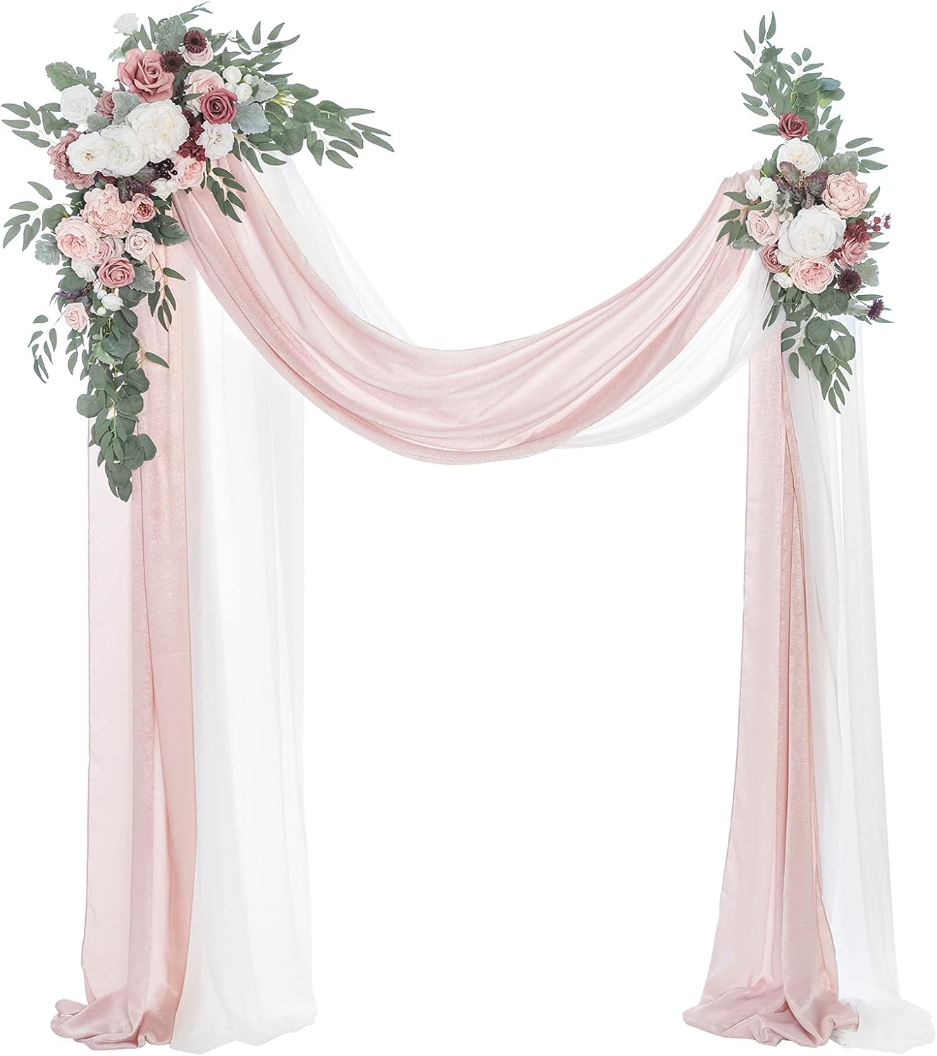 Ling's Moment Pink Mauve Artificial Wedding Arch Flowers Kit Pack of 4, 2pcs Hanging Flower Arrangement 2pcs Chiffon Drapes Spring Ceremony Reception Fake Rose Arbor Backdrop Floral Outdoor Decor