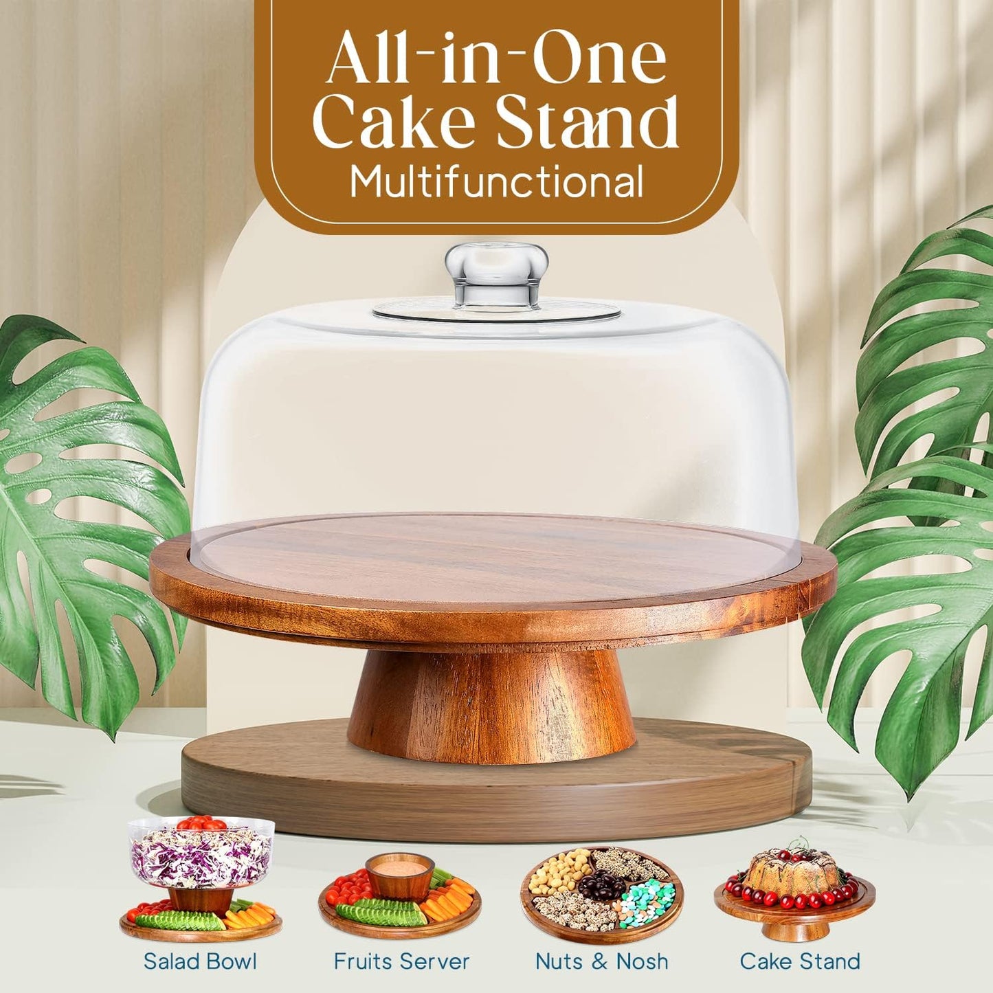 Homeries Acacia Wood Cake Stand with Lid, Cake Plate, (6 in 1) Multi-Functional Serving Platter, Large Cake Stand with Dome, Cake display stand with lid & Cake Dome - Use as Cake Holder, Cake Cover
