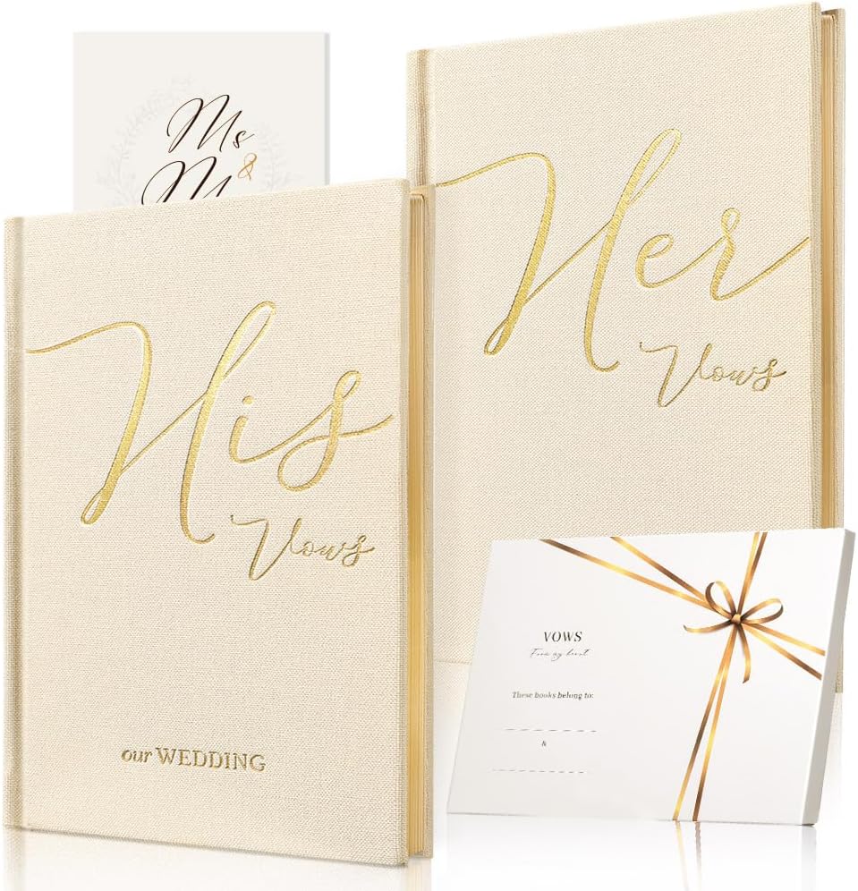 Vow Books His and Hers 2 Pack - 6 x 4 Inch Linen Hardcover Wedding Vow Books with Gold Foil Lettering & Bookmark, Wedding Ceremony Keepsake for Bride and Groom-His and Her Engagement Gift, 48 Pages
