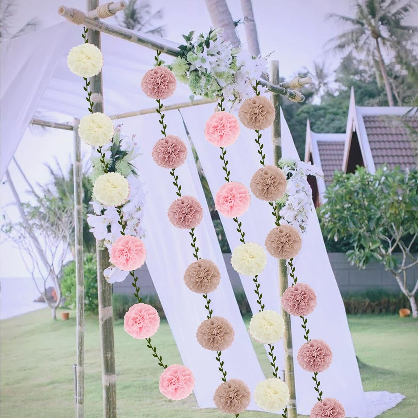 2 Pack Nude Pink Beige Tissue Paper Pom Pom Garlands Hanging with Cloth Vine for Nature Garden Fence Birthday Paty Decorations, 6.6Ft Length