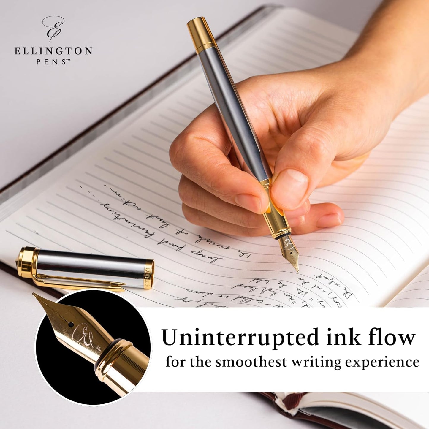 Ellington Pens Luxury Fountain Pen Set- Fountain Pens for Writing - Smooth Medium Nib - Includes Refillable Ink Converter, 3 Ink Cartridges [Black & Blue], Gift Box - Elegant Calligraphy