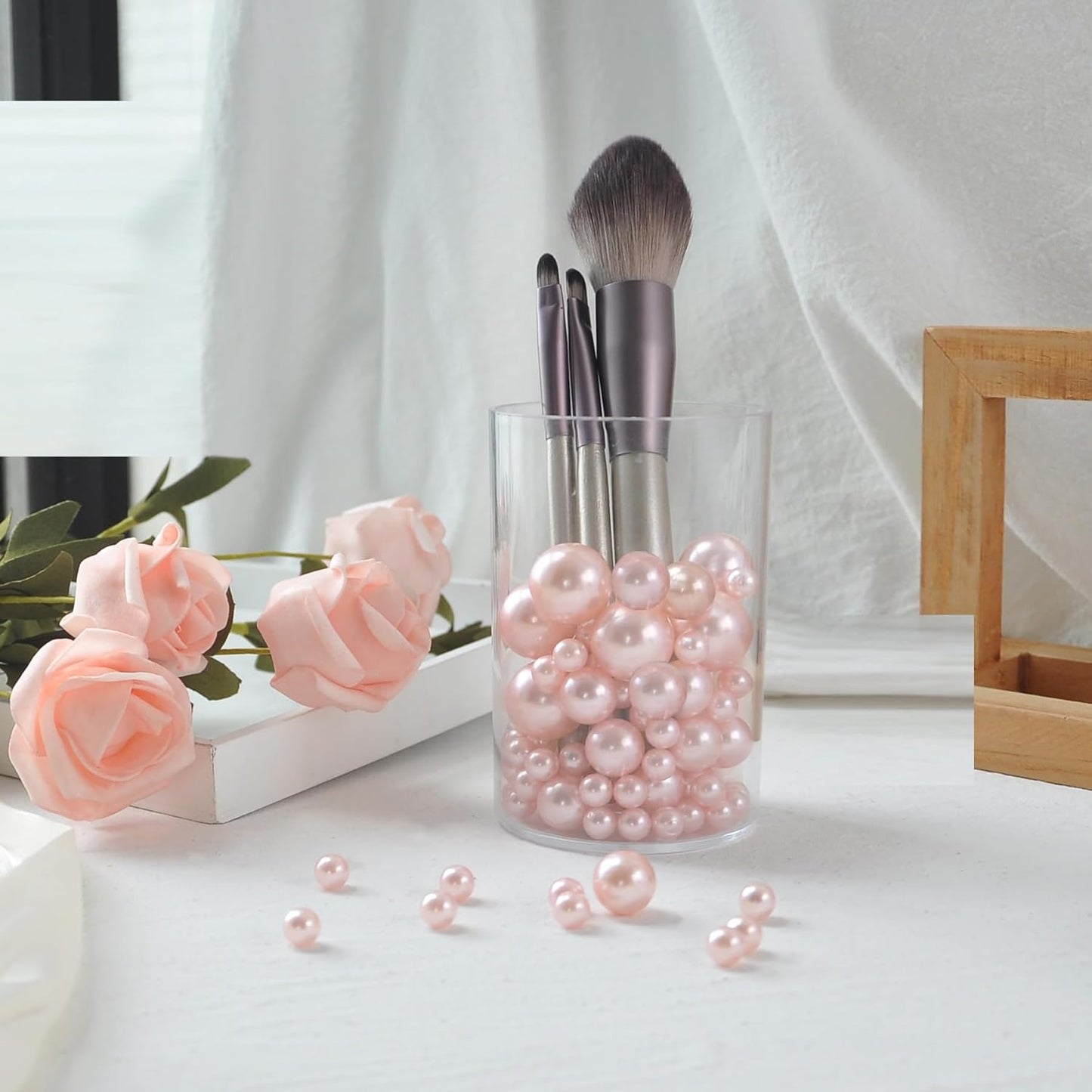 260Pcs Pink Glossy Beads for Centerpiece Decor, Artifical Pearls Vase Filler, Makeup Brush Beads, No Hole Round Pearl Beads for Wedding Birthday Christmas Party Home Decor(18mm 14mm 6mm)