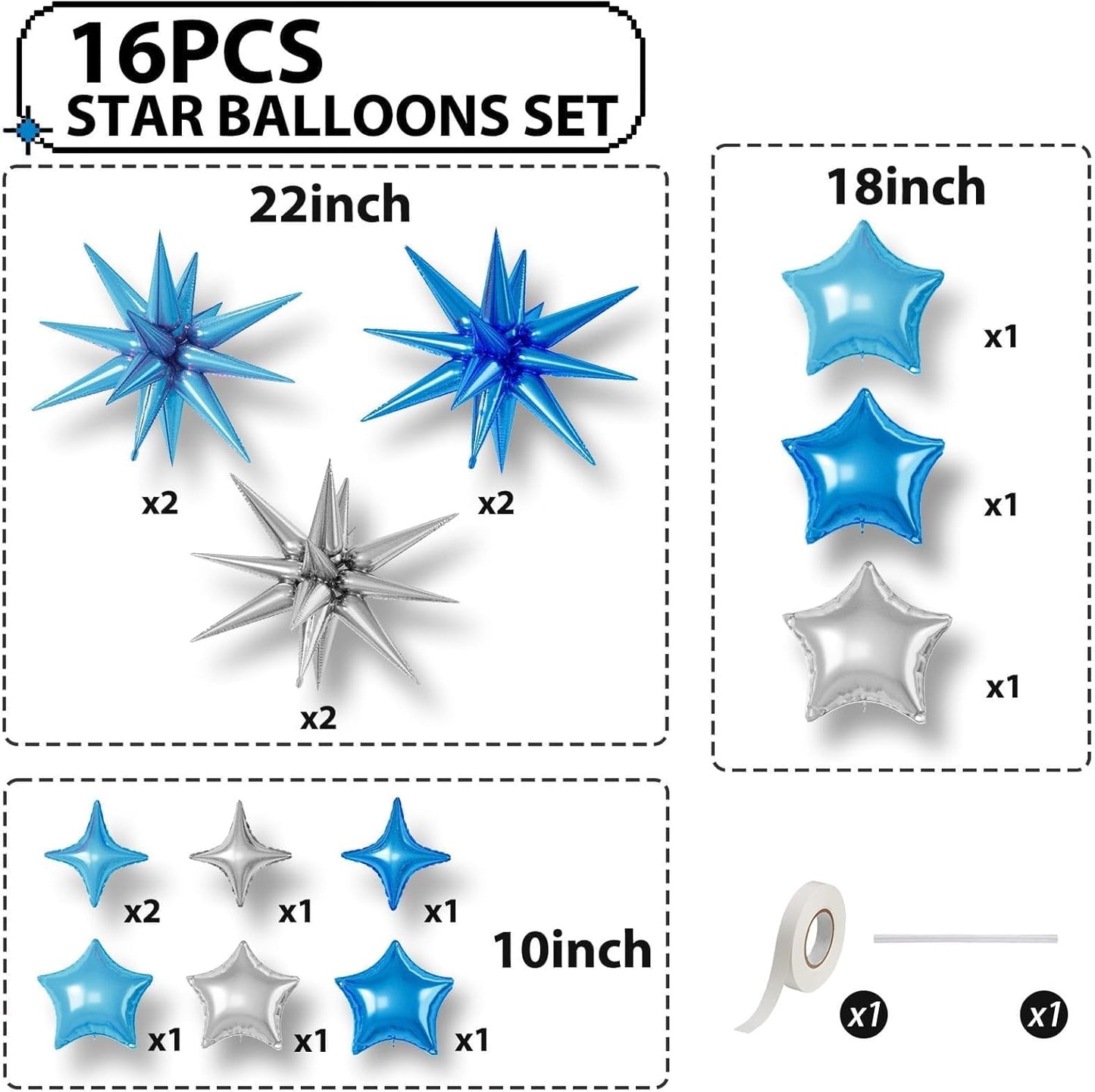 16 Pcs Blue Silver Star Balloons, 22/18/10 Inch Foil Balloons, Four-Pointed Balloon for Kids Boy Men Birthday Graduation Wedding Baby Shower Party Decorations