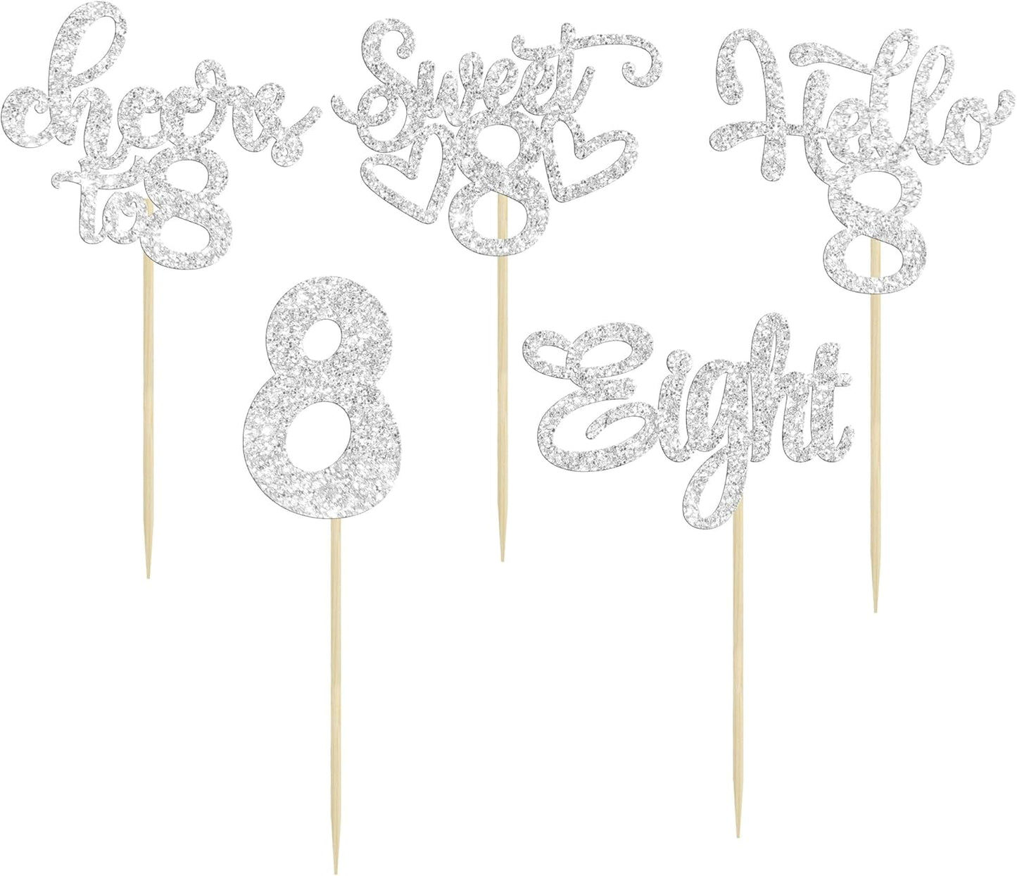 30Pcs 8th Birthday Cupcake Toppers Glitter Eight Hello 8 Cupcake Picks Cheers to 8 Years Old Cake Decorations for 8th Birthday Party Supplies Silver