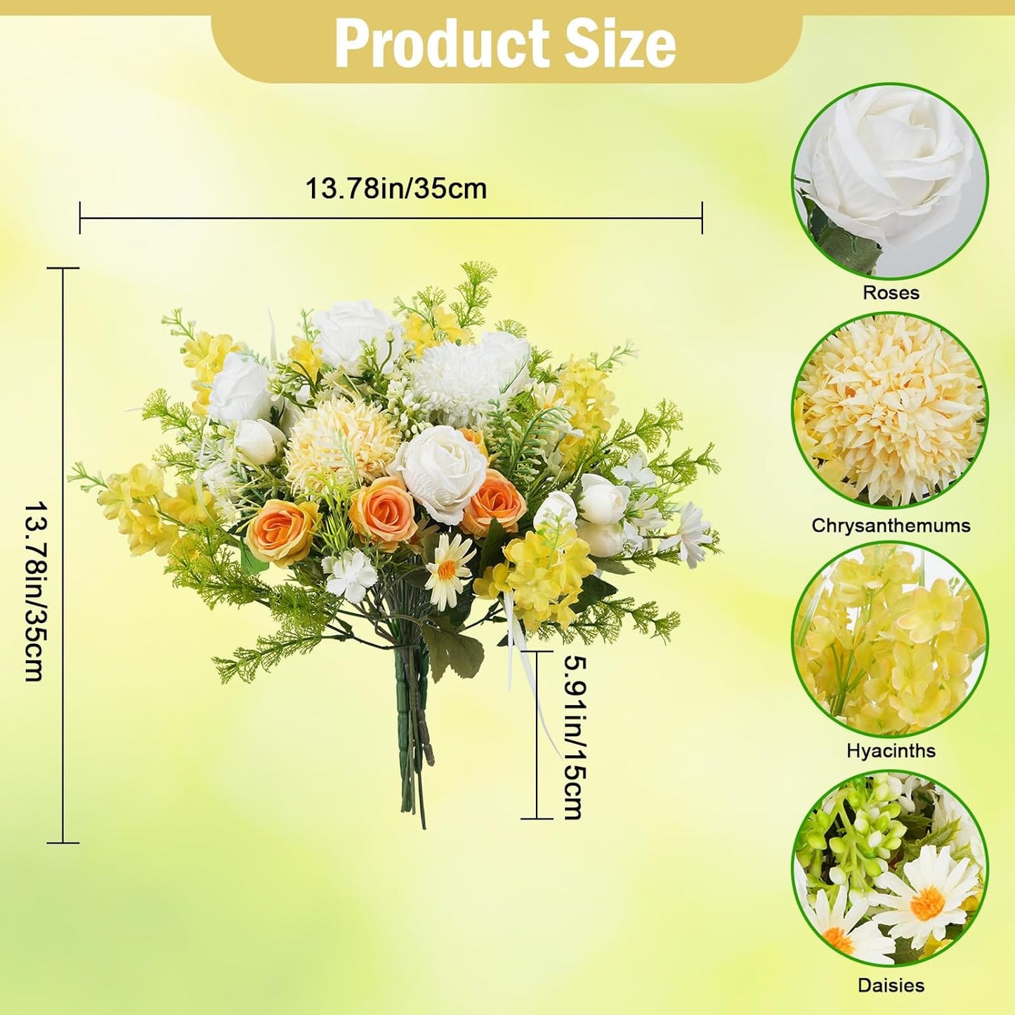 8Pcs Fake Flower Bouquet Artificial Silk Flowers White Yellow Rose Faux Floral Arrangements Picks Summer Flowers for Wedding Home Table Centerpieces Decorations