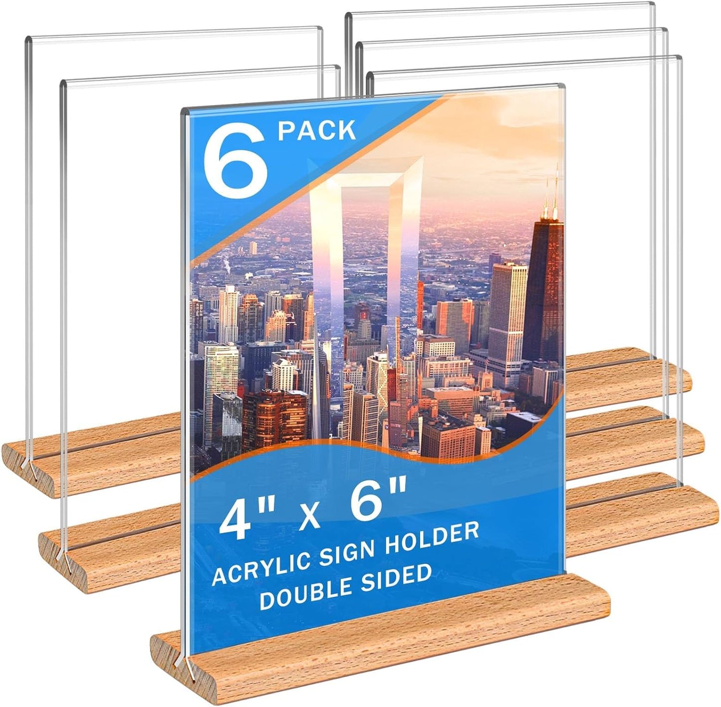 Kersally Acrylic Sign Holder 4 x 6,6 Pack Double-Sided Clear Vertical Table Display Stands with Wood Base, Acrylic Frame Menu Flyer Paper Holder for Stores, Restaurants, Hotels, Office, Show Fair