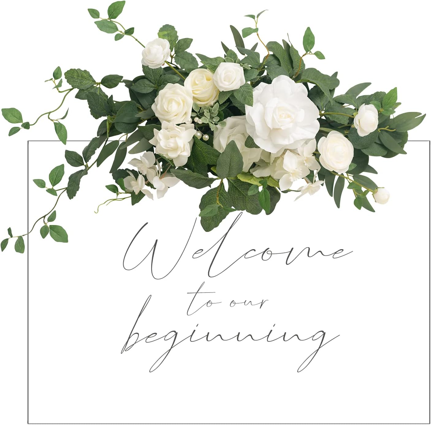Ling's Moment Wedding Floral Swag Welcome Sign Artificial Flowers Backdrop Garland White Sage Green for Ceremony Reception Door Wall Easel Home Decorations Entryway Faux Outdoor Board Head Table Decor
